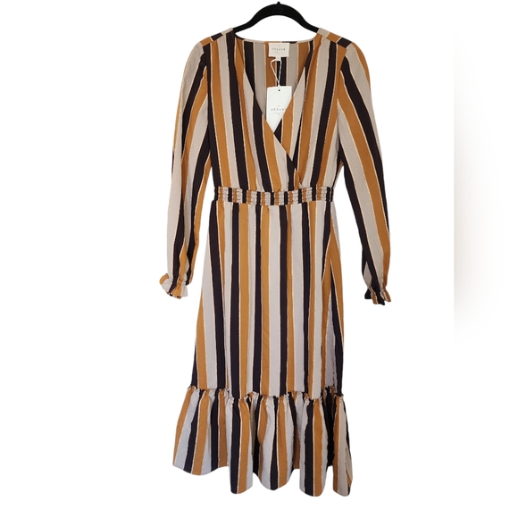 SEZANE Titiane Midi Dress, Hazel Tan & Gold Stripes, FR36/US4 - Picture 2 of 8
